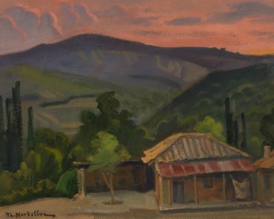 Corinthian Landscape: Farmhouse, Trees, Cypresses — Oil painting, Fiberboard, 40.00×50.00cm — Theodoros Markellos